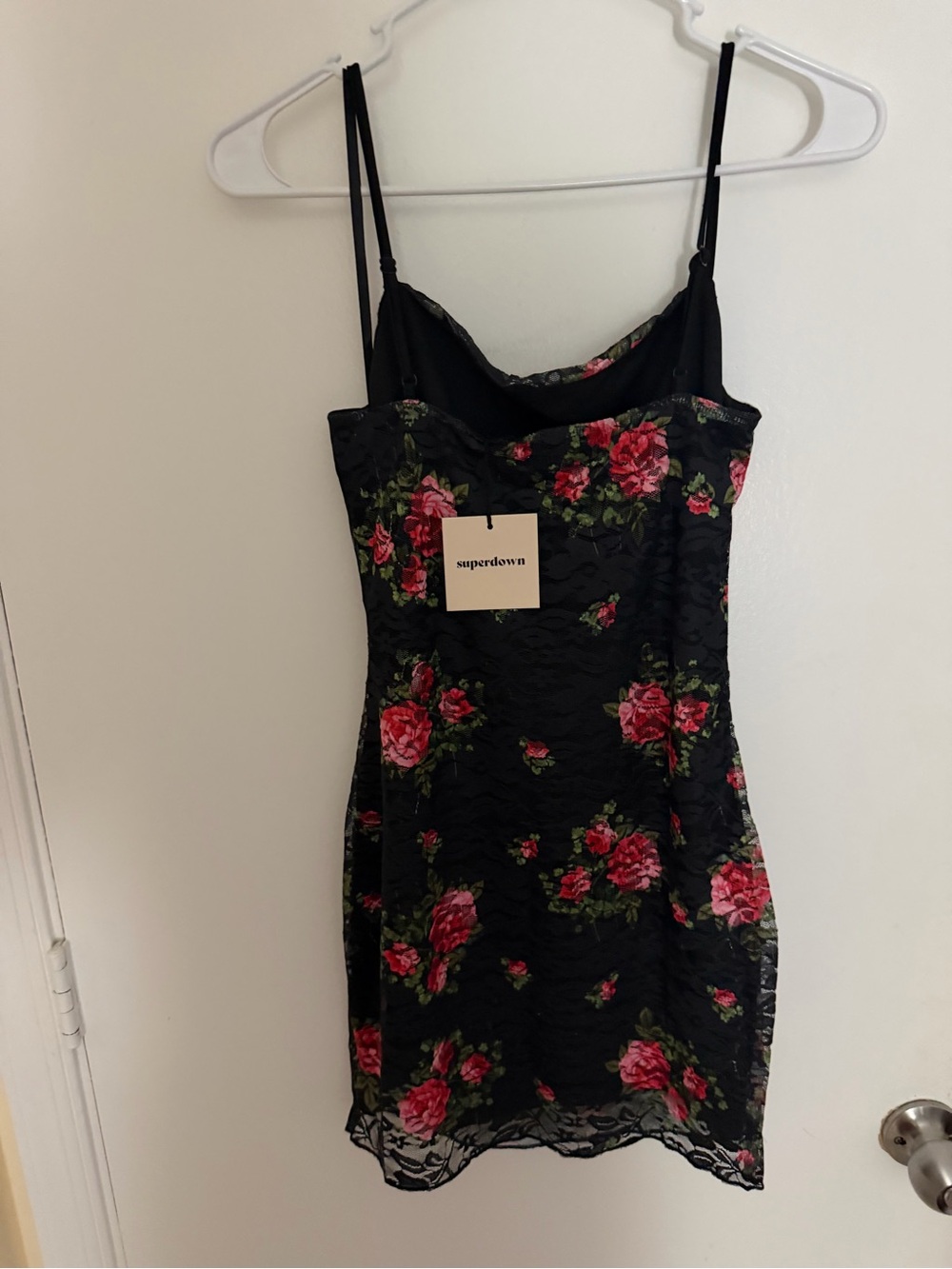 superdown Black Mini Dress with Pink Rose Floral Lace